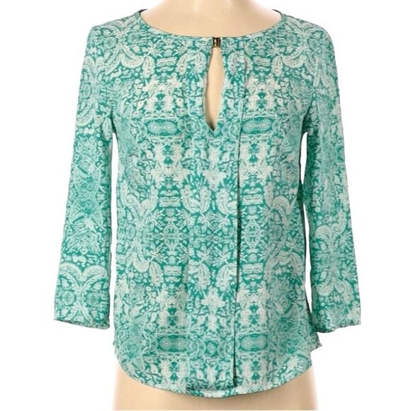 H&M Floral Print Blouse Front Keyhole Opening 3/4 Sleeves Teal White Size 4 - Picture 1 of 9